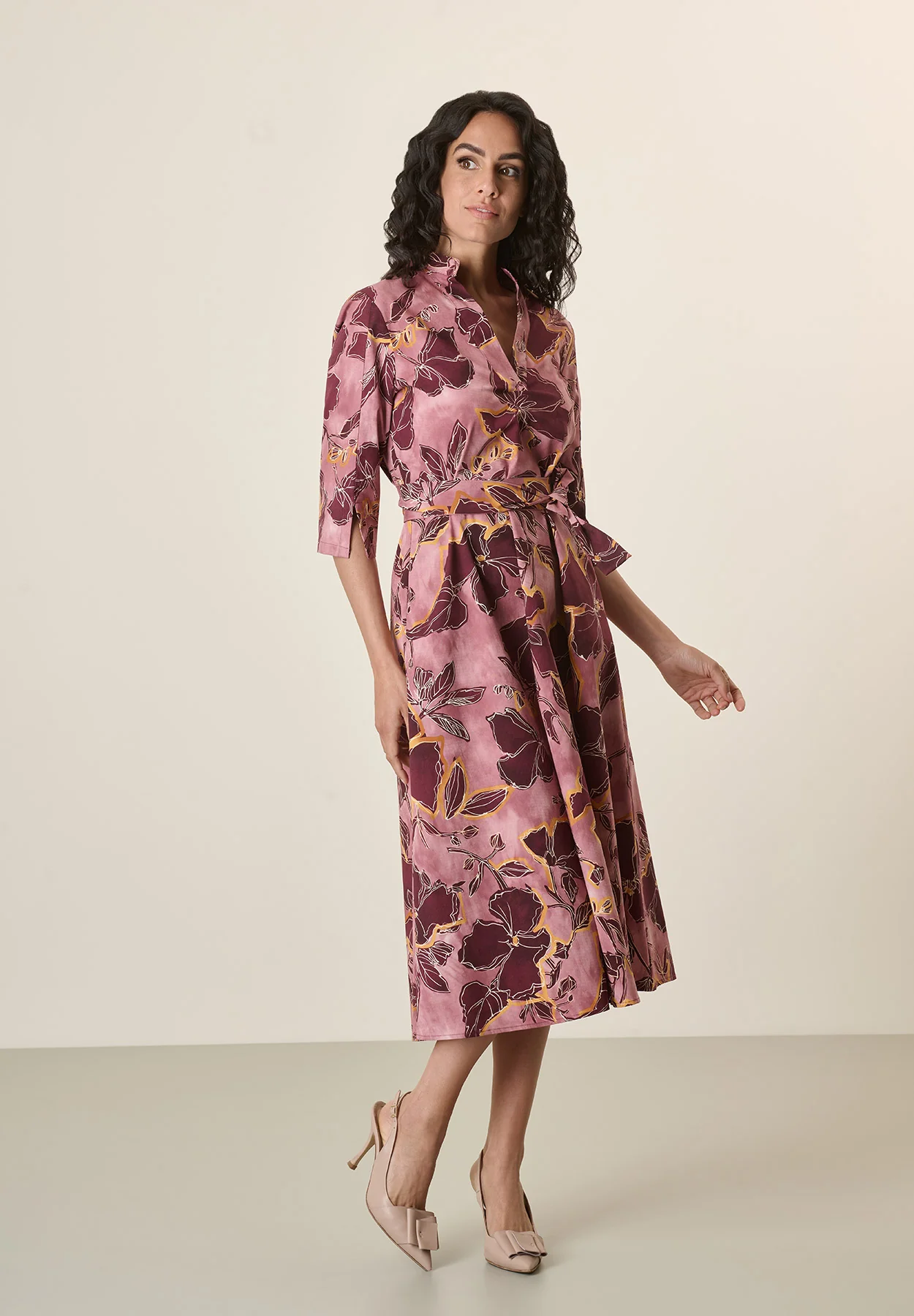Abito rosa fantasia fiorata bordeaux cotone stretch - Image 4