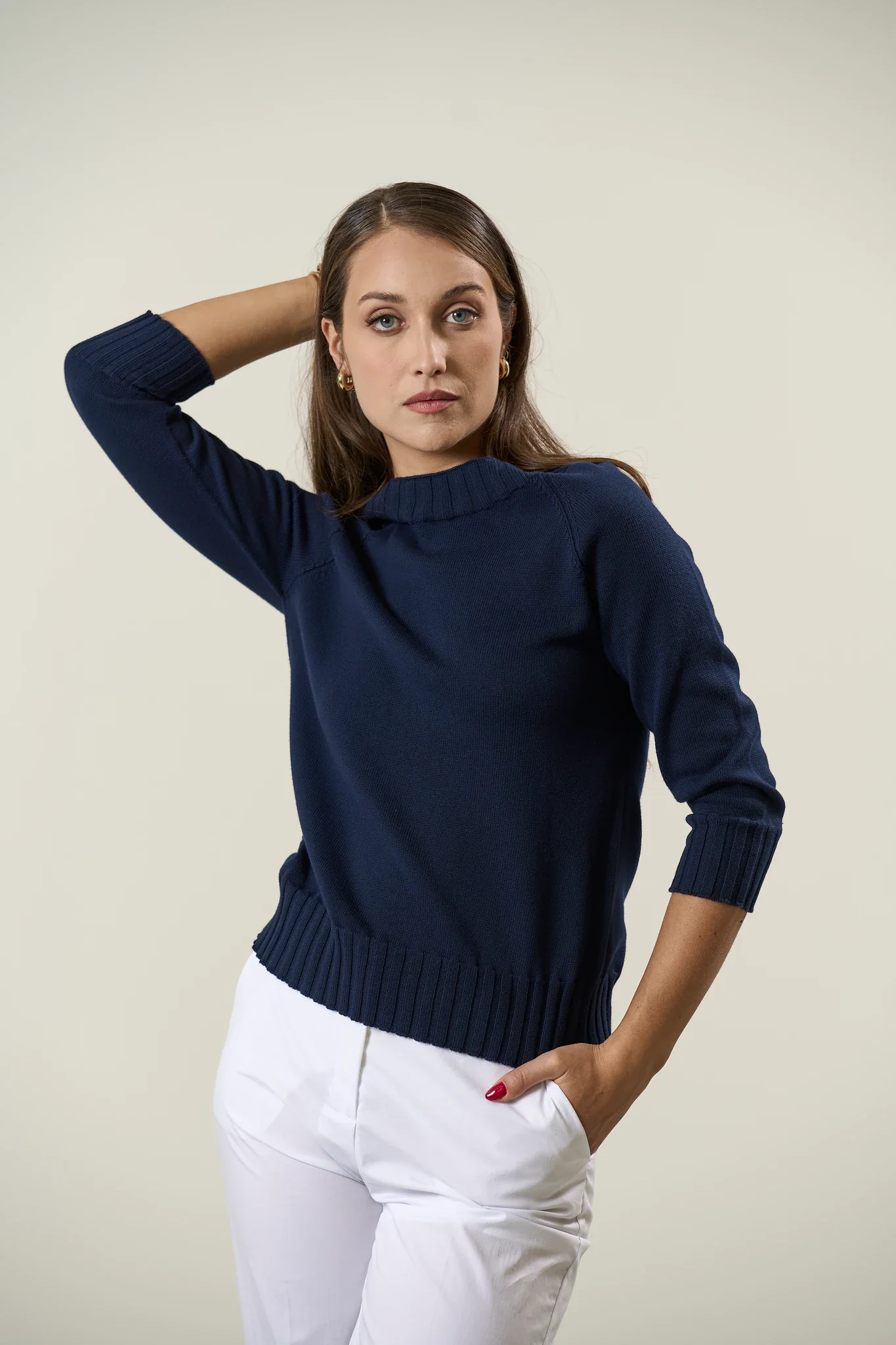Maglia barchetta blu navy dettagli coste cotone
