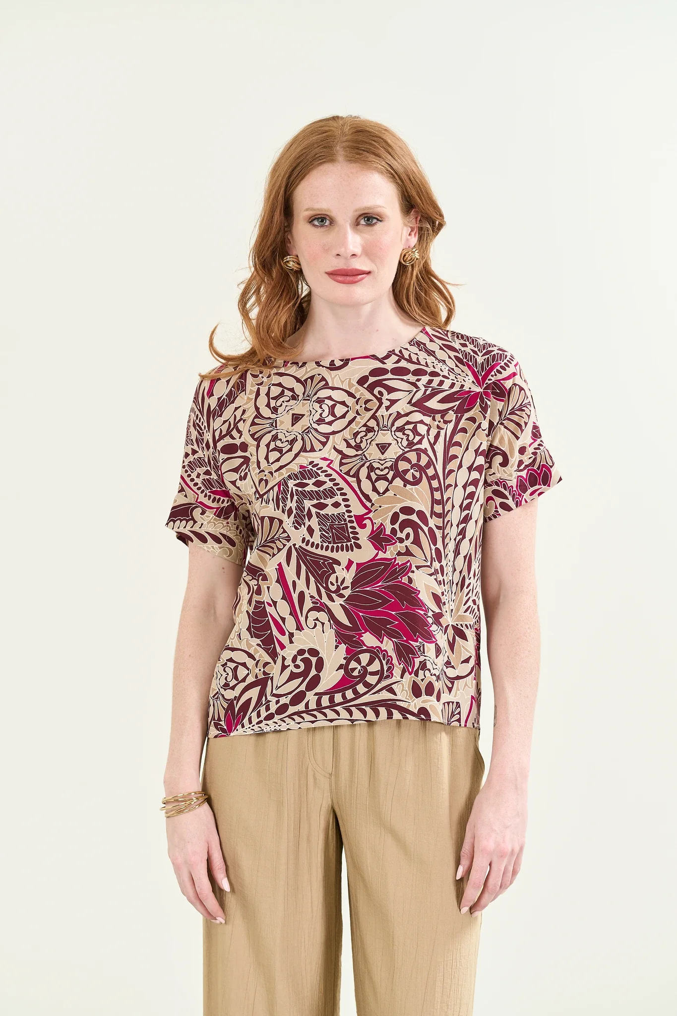Blusa girocollo beige fantasia burgundy viscosa - Image 3