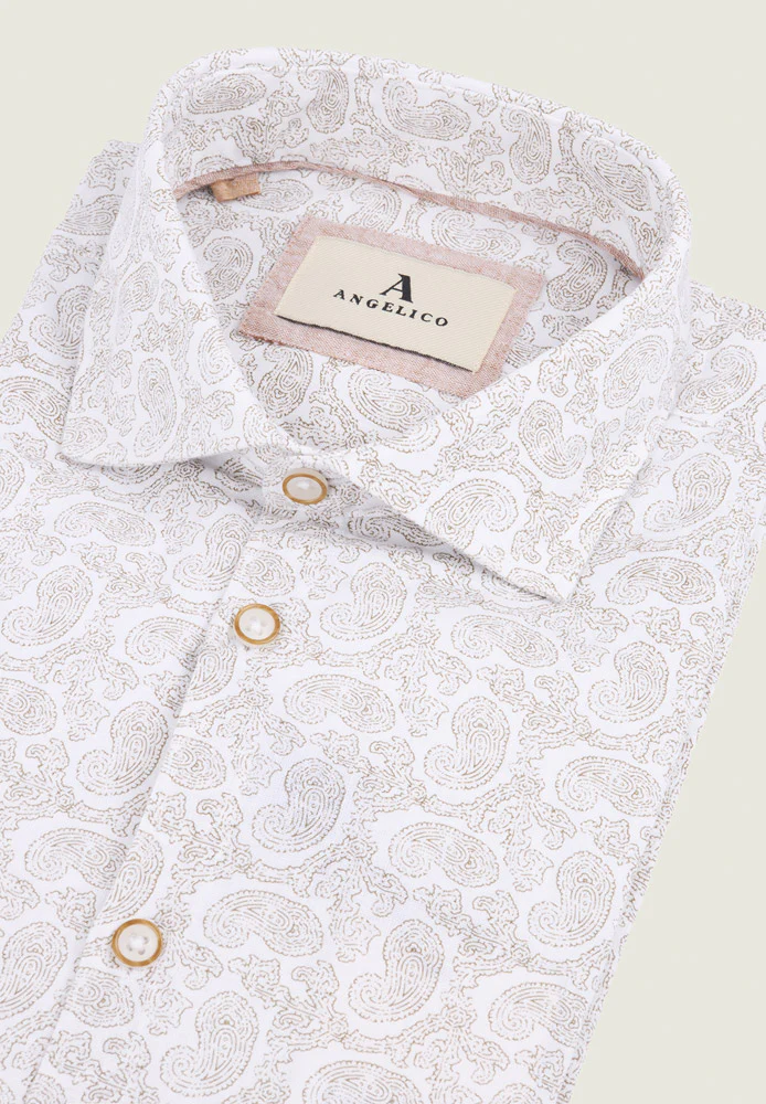 Camicia bianca misto lino stampa damascata slim fit - Image 2