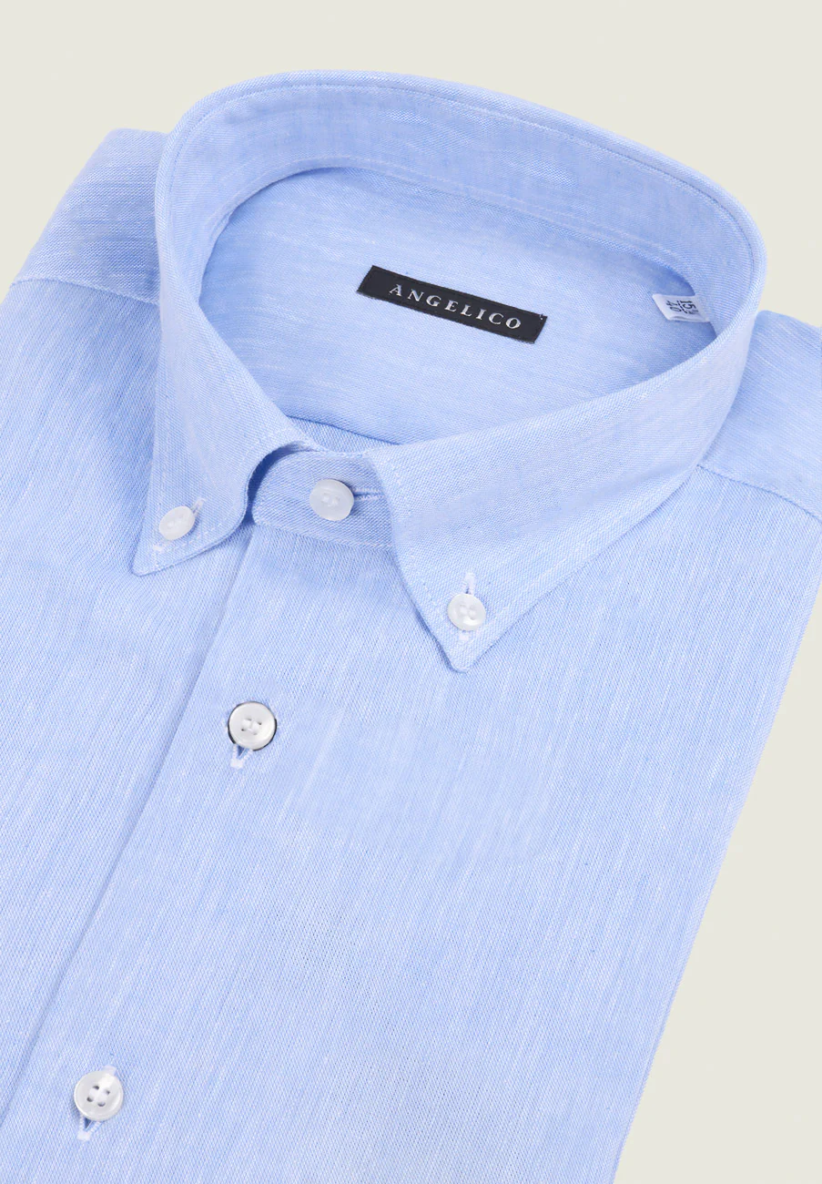 Camicia azzurra manica corta misto lino regular fit button-down - Image 2
