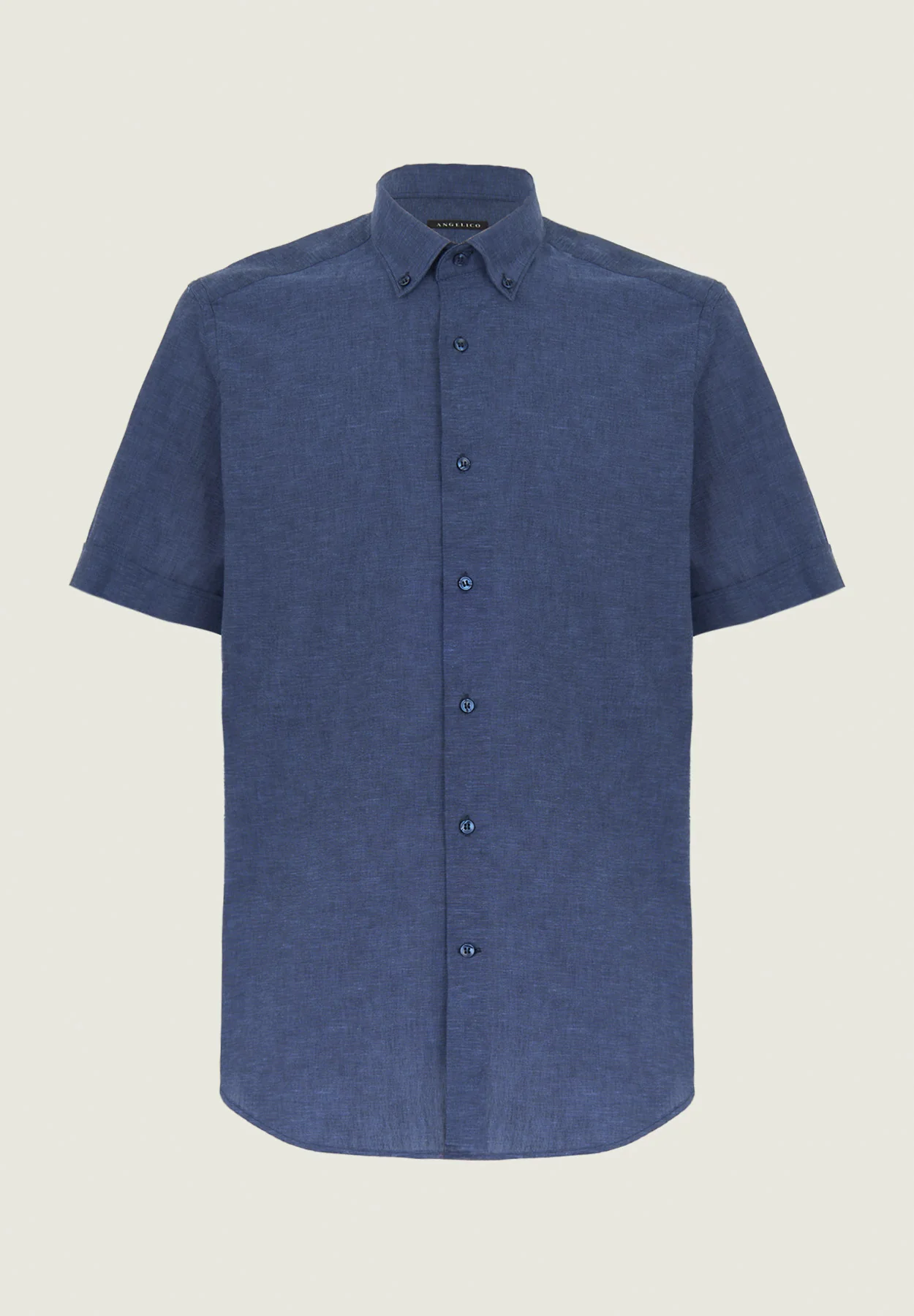 Camicia blu manica corta misto lino regular fit button-down