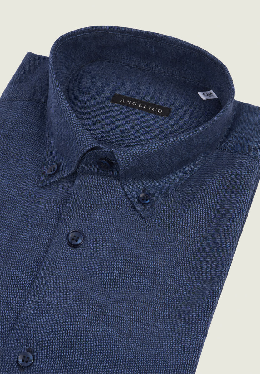 Camicia blu manica corta misto lino regular fit button-down - Image 2