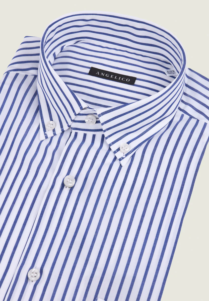 Camicia manica corta rigata bianca blu regular fit button-down - Image 2