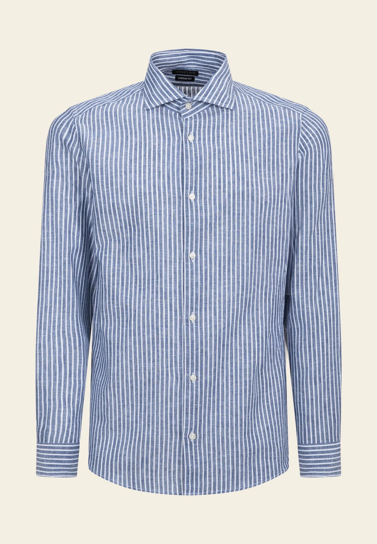 Camicia blu bianca misto lino rigata custom fit