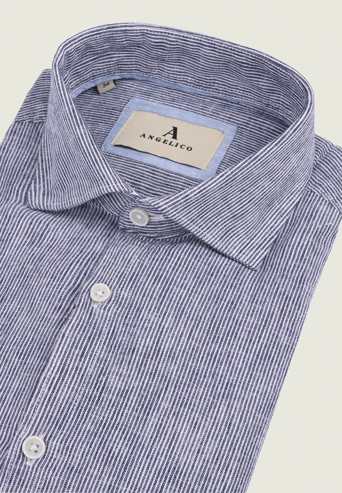 Camicia bianco blu misto lino millerighe slim fit - Image 2