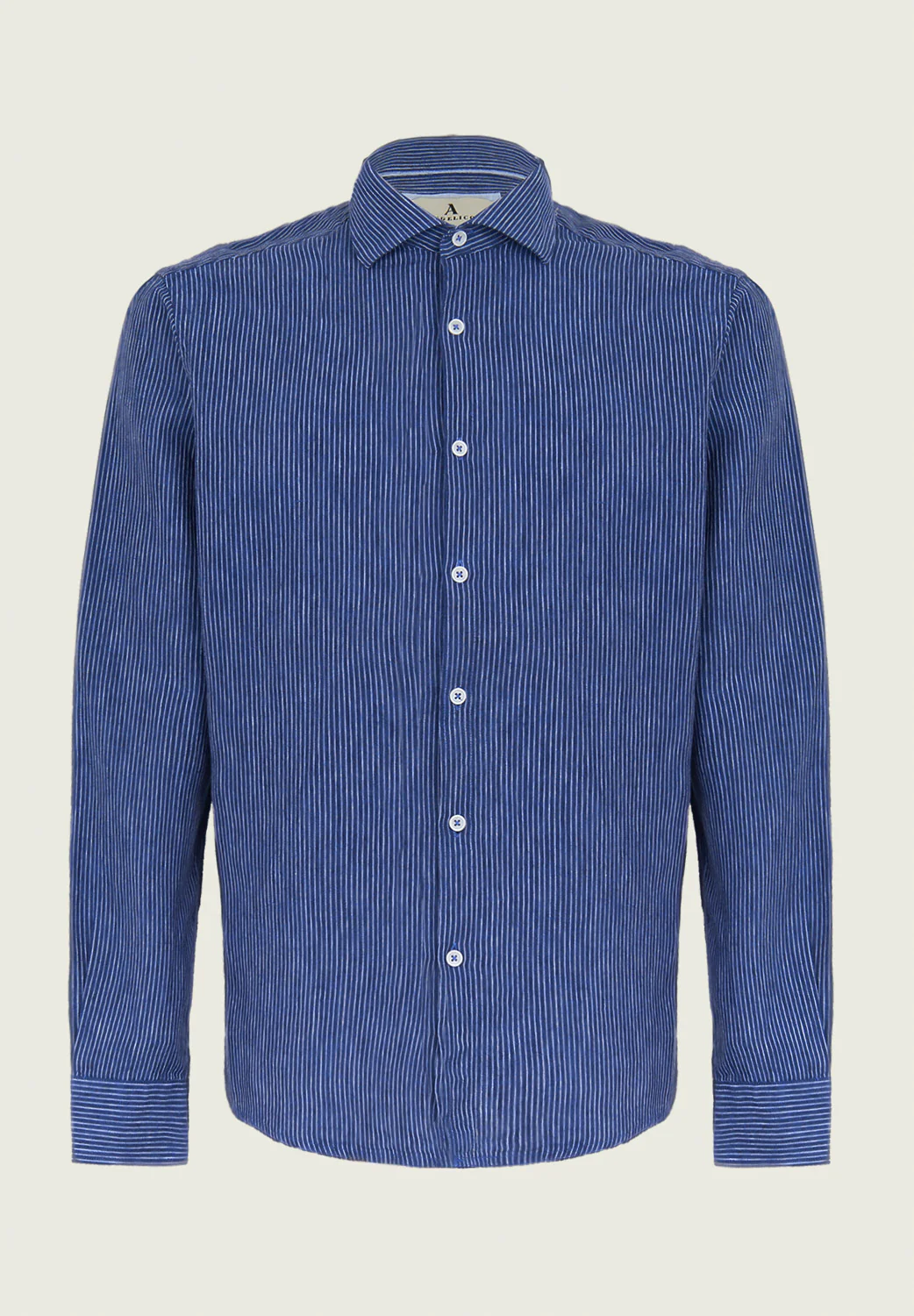 Camicia blu bianco misto lino millerighe slim fit