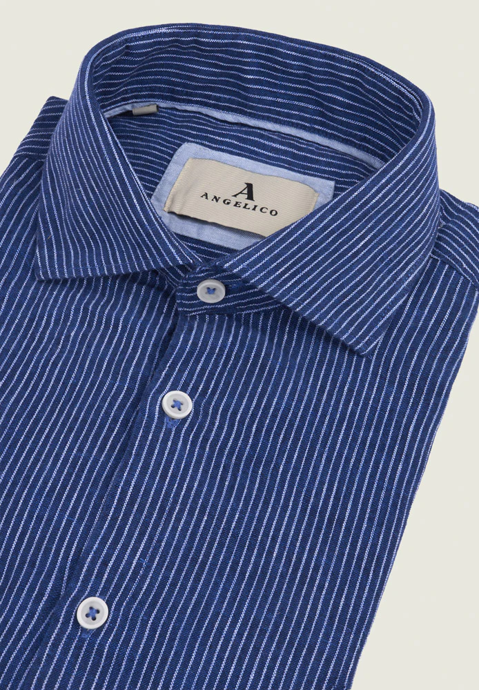 Camicia blu bianco misto lino millerighe slim fit - Image 2