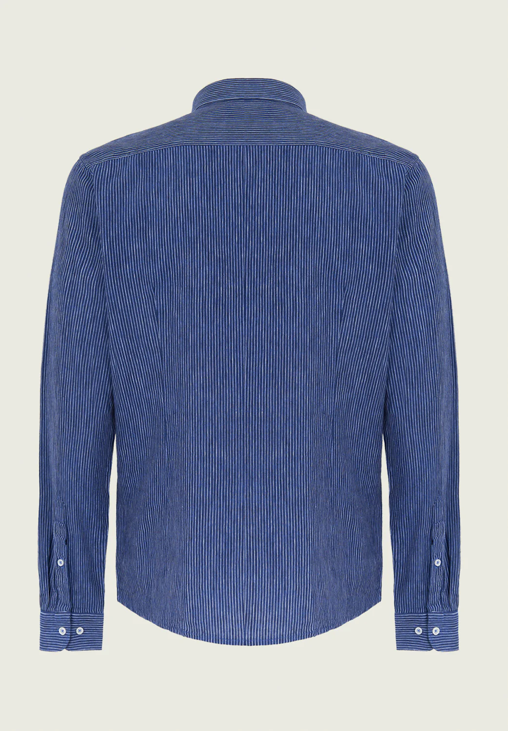 Camicia blu bianco misto lino millerighe slim fit - Image 3