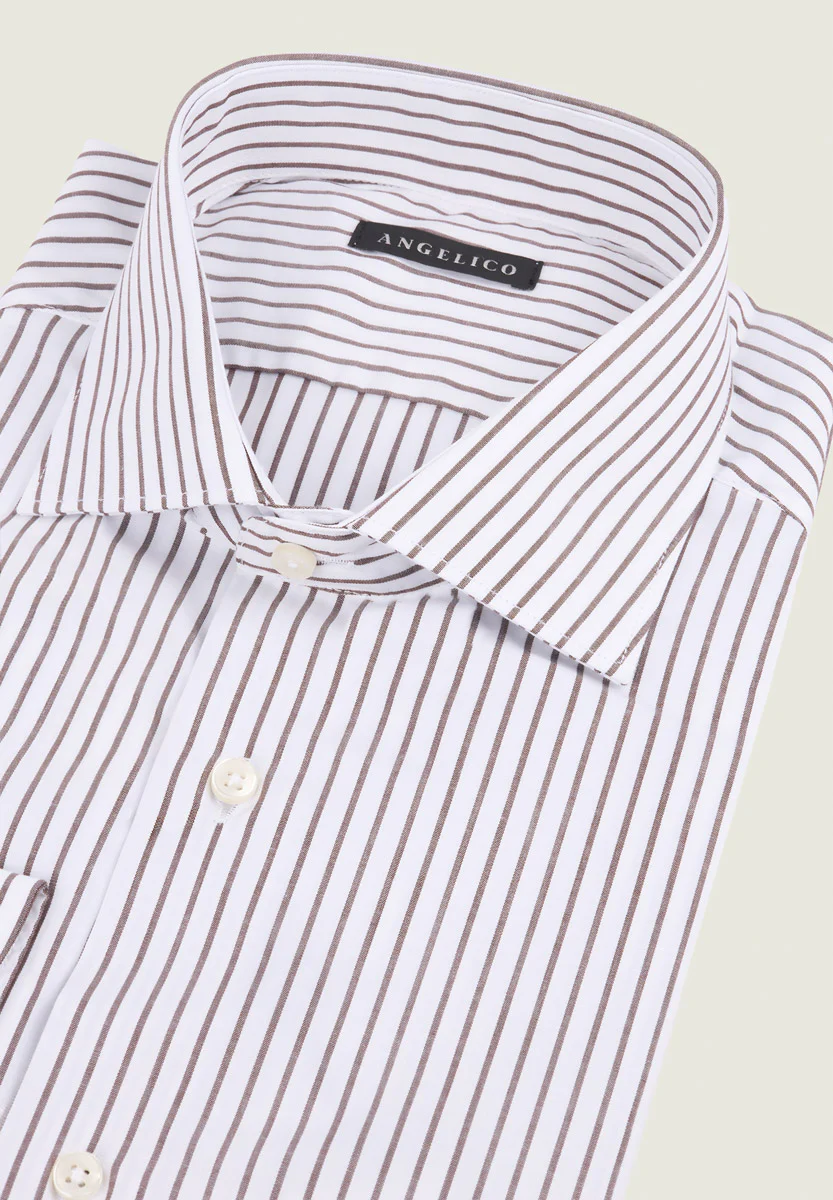 Camicia bianca rigata marrone cotone slim fit - Image 2