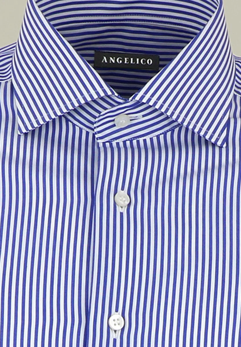 Camicia blu rigata bianca cotone slim fit - Image 2