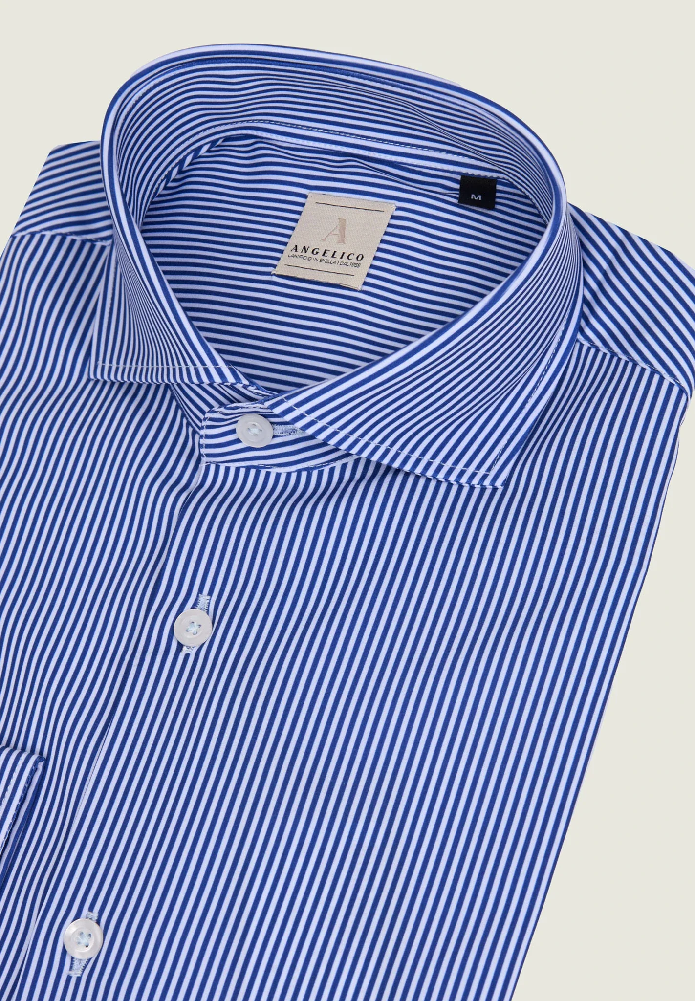 Camicia blu bianca rigata tessuto performance custom fit - Image 3
