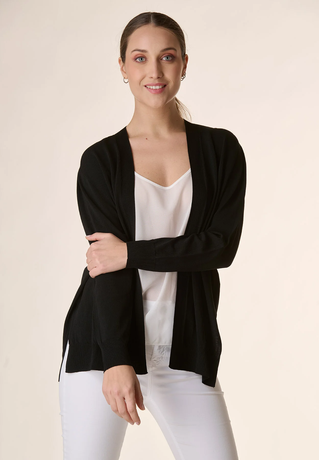Cardigan nero aperto collo scialle - Image 3