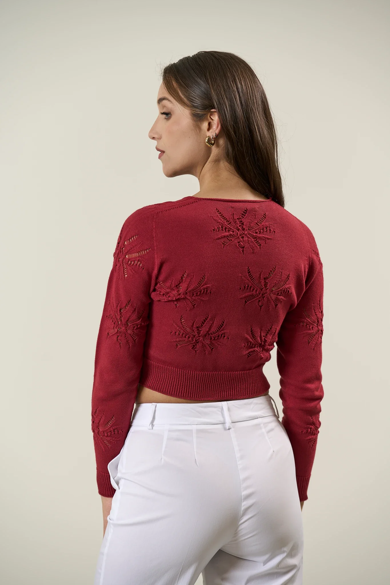 Cardigan rosso cotone corto traforato - Image 4