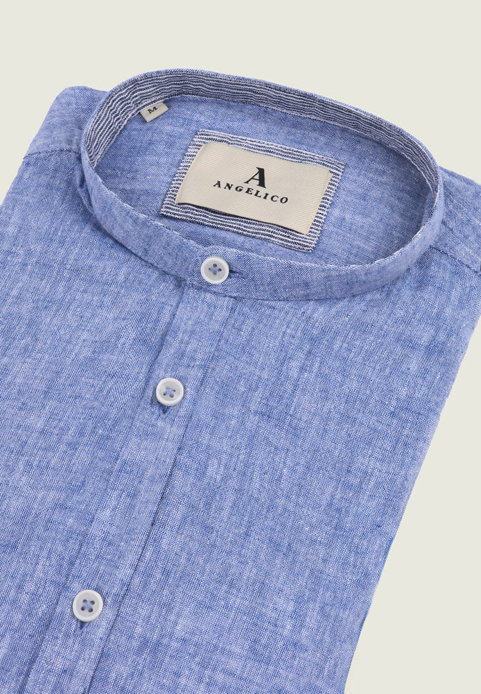 Camicia coreana blu misto lino slim fit - Image 2