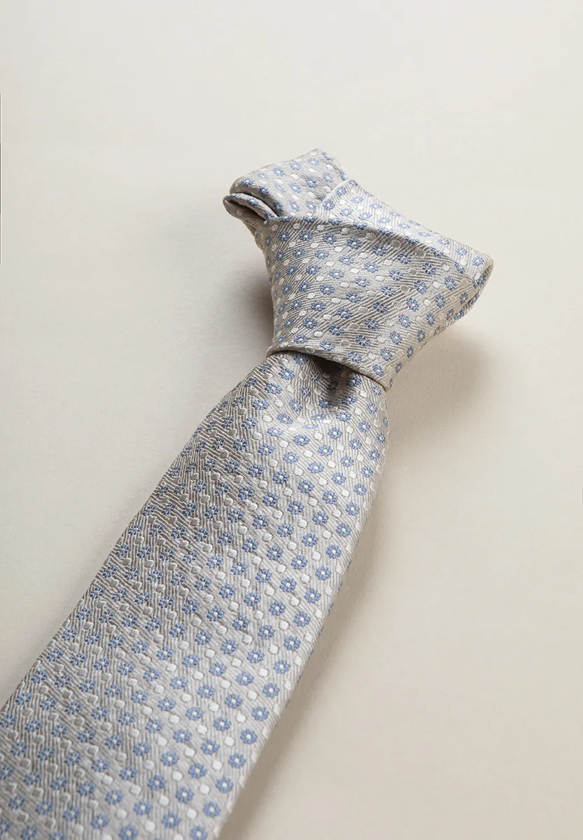 Cravatta beige fiorata azzurra seta - Image 2