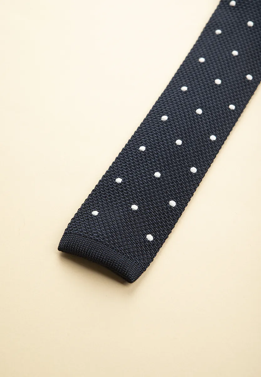 Cravatta blu seta tricot pois bianchi - Image 3
