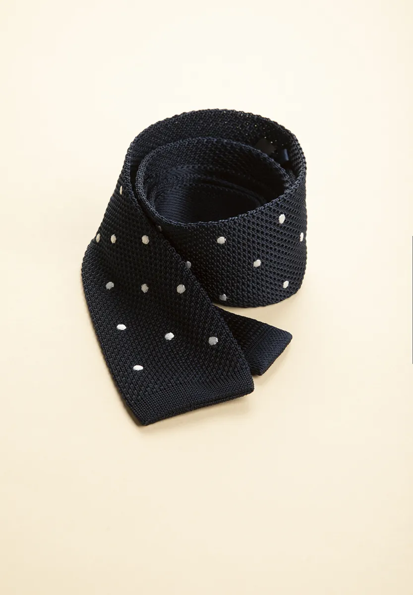 Cravatta blu seta tricot pois bianchi - Image 4