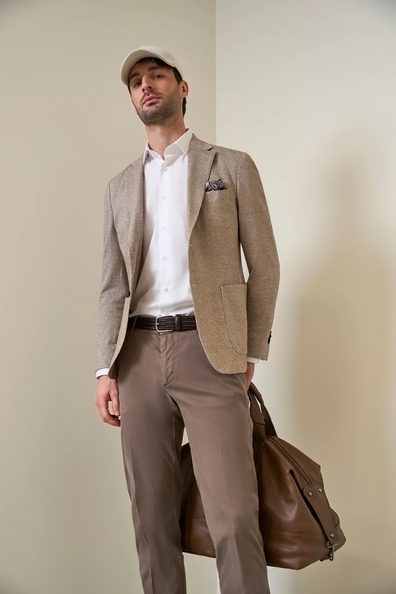 Giacca beige jersey cotone lino pied de poule custom fit - Image 3