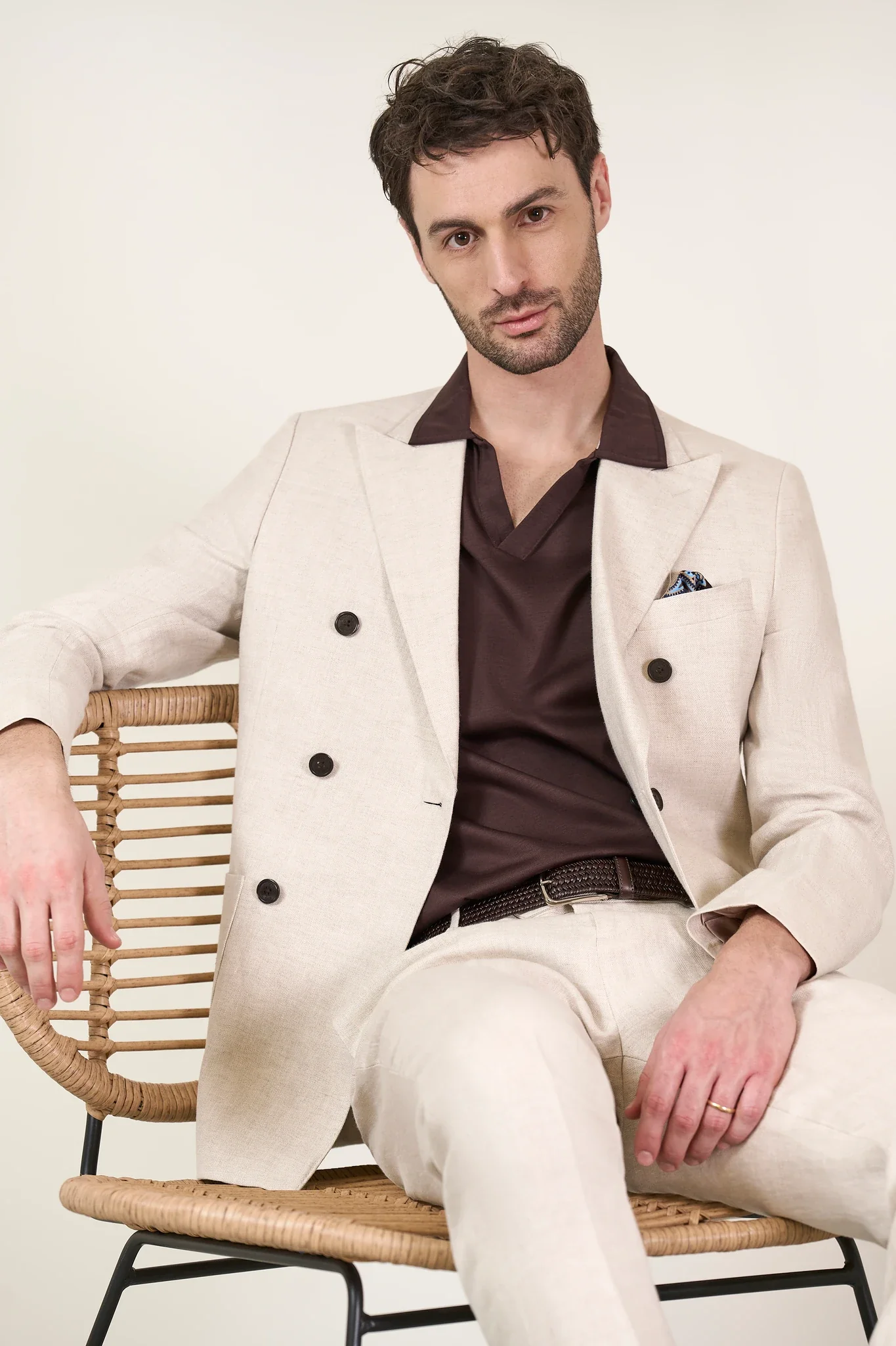 Giacca beige naturale doppiopetto lino custom fit