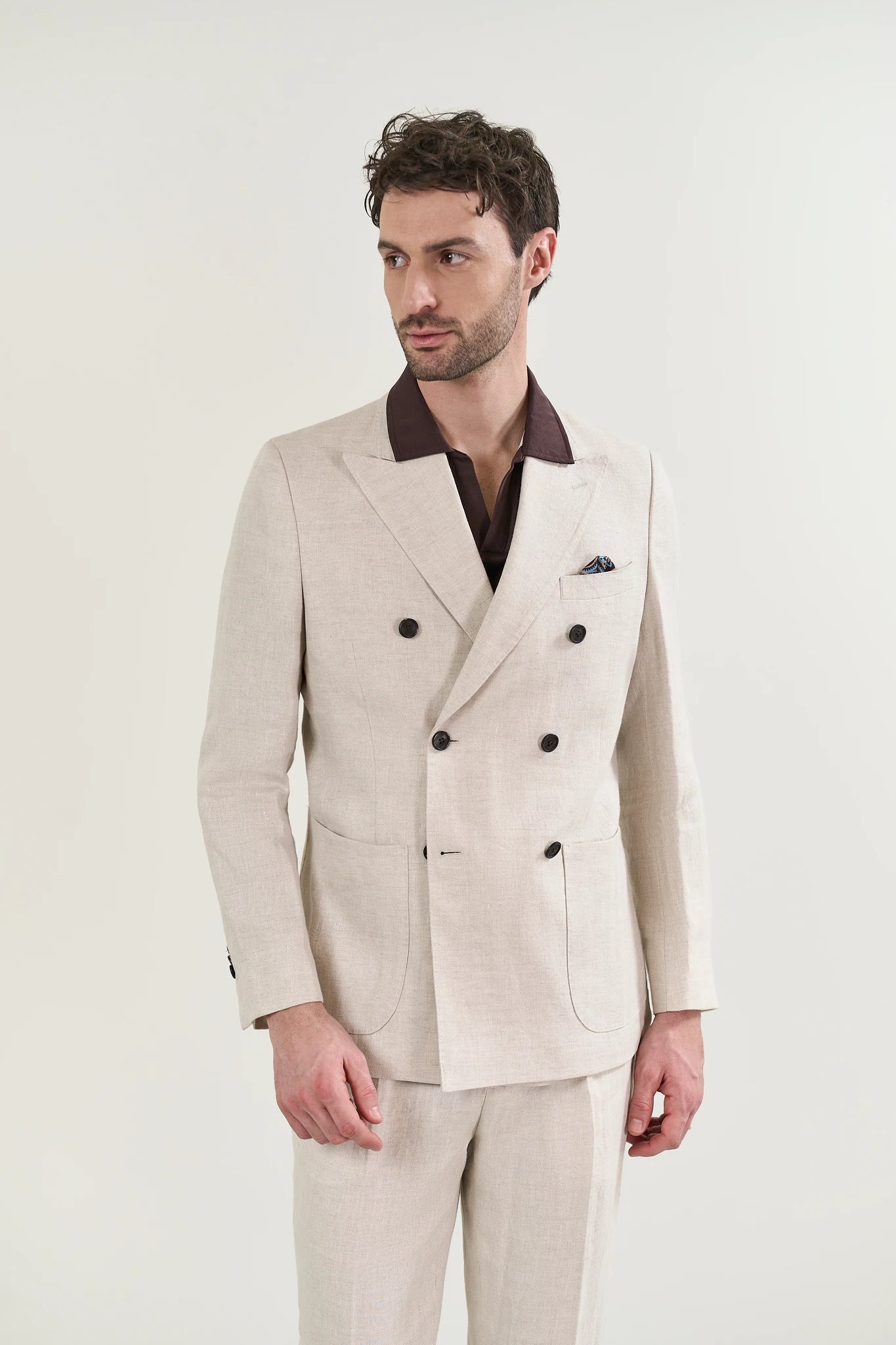 Giacca beige naturale doppiopetto lino custom fit - Image 3
