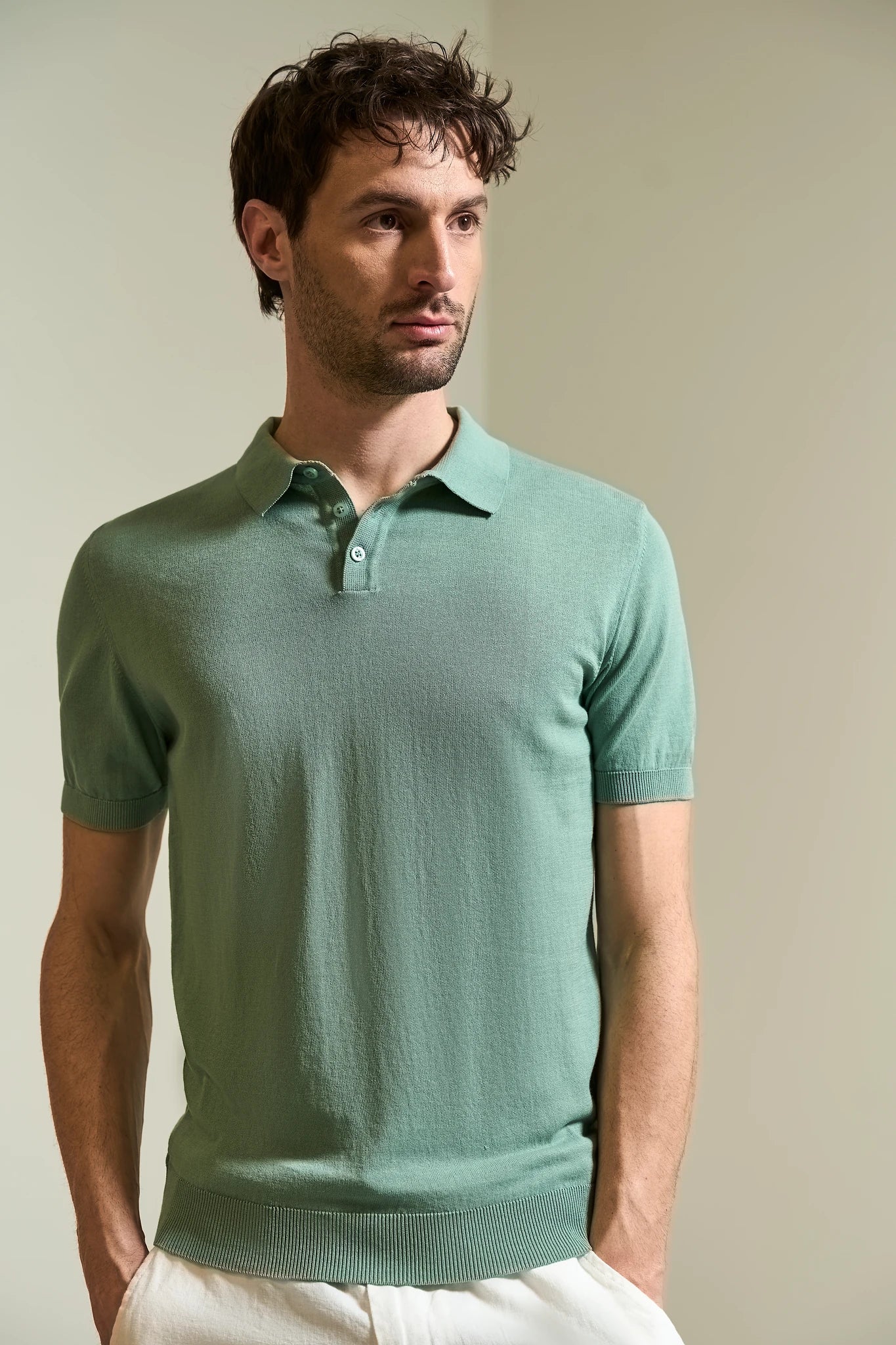 Polo verde chiaro cotone tricotina crepe - Image 2