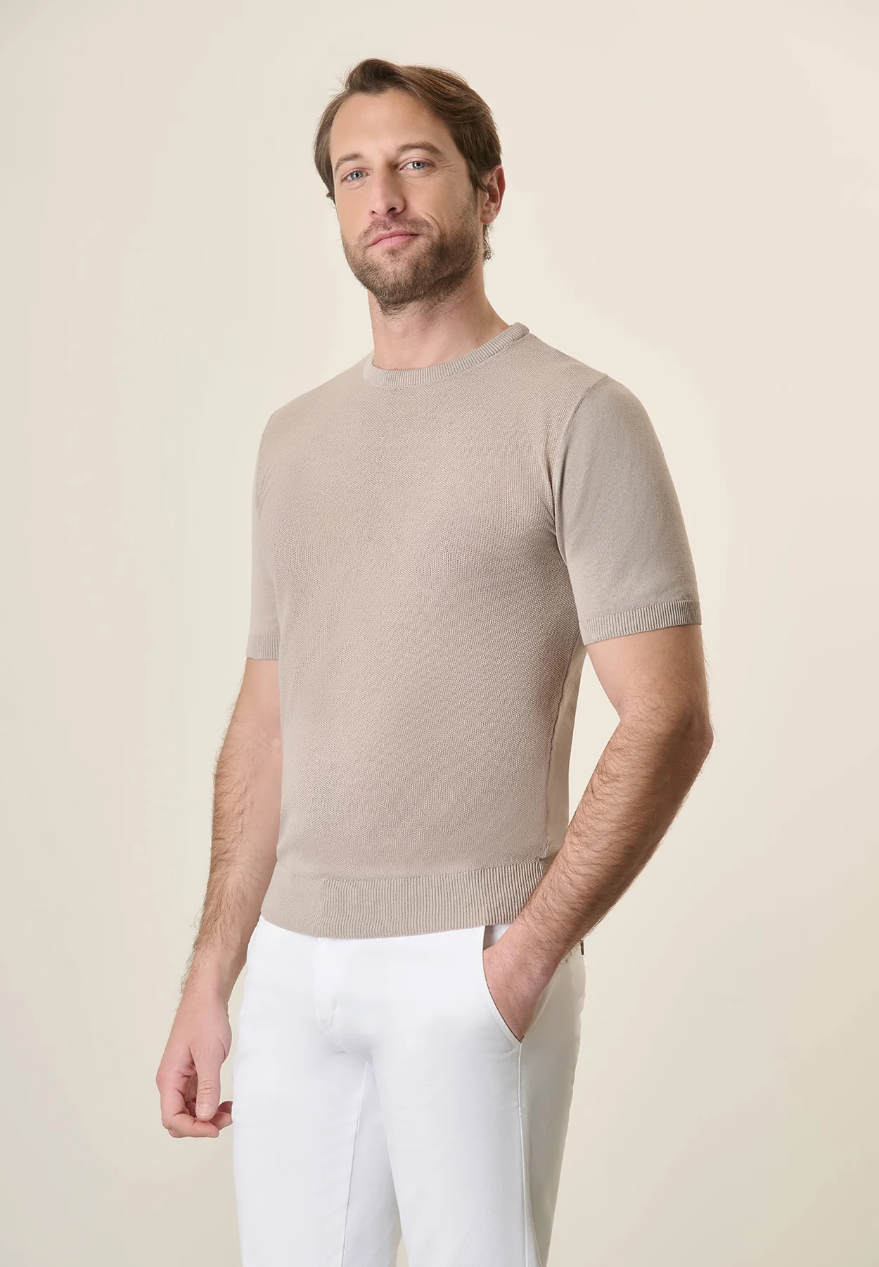 T-Shirt beige grana di riso cotone crepe