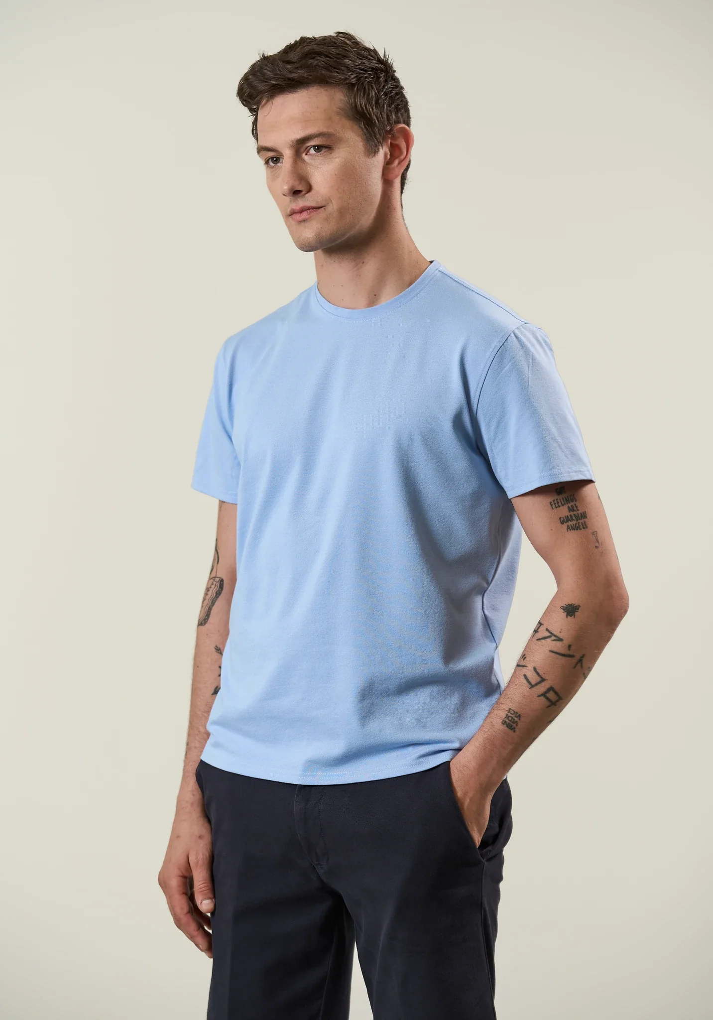 T-Shirt azzurra piquet misto cotone melange - Image 3