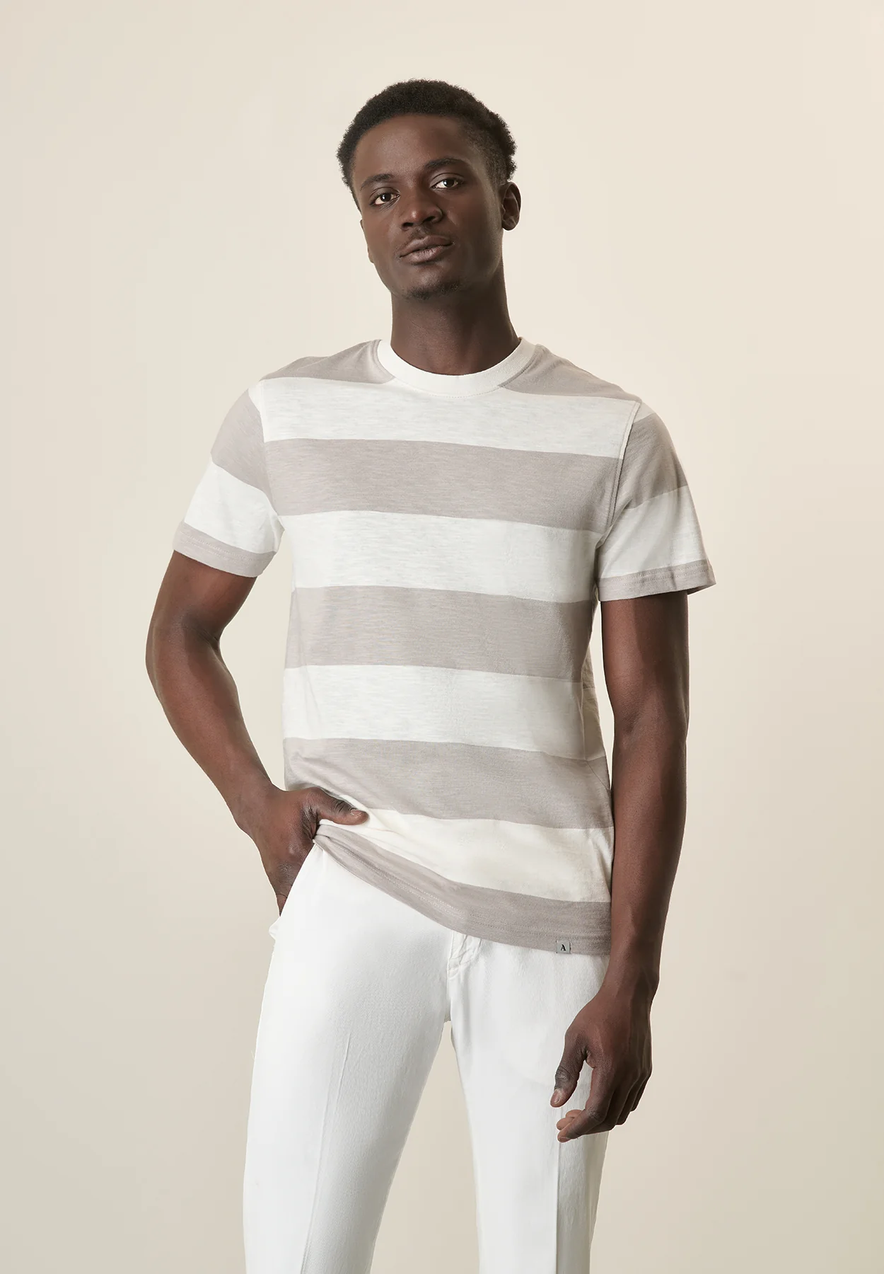 T-Shirt ecrù grigio rigata slub cotone