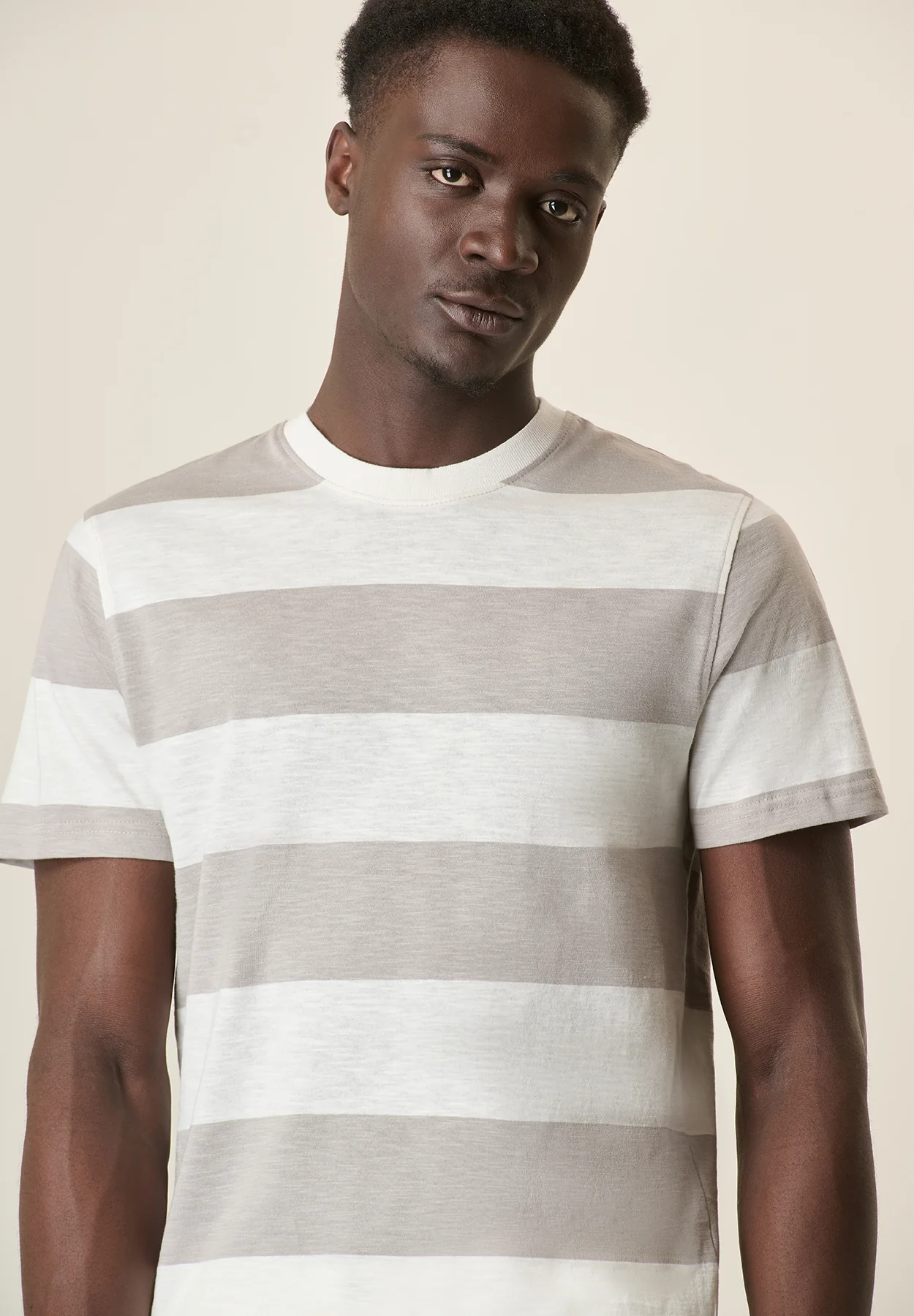 T-Shirt ecrù grigio rigata slub cotone - Image 2